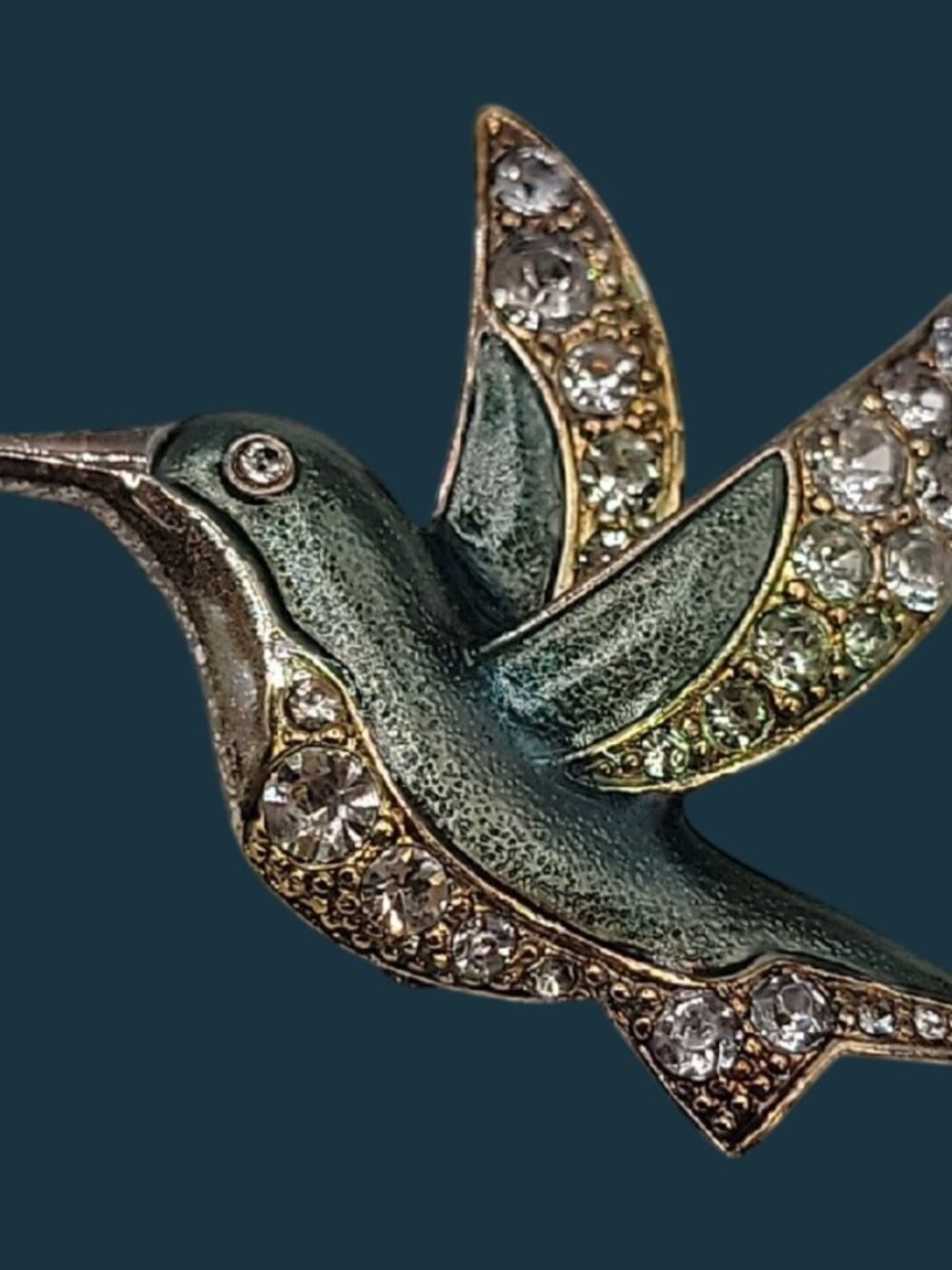 Vintage Liz Claiborne Hummingbird Brooch 1980s Green Enamel Pave Rhinestone